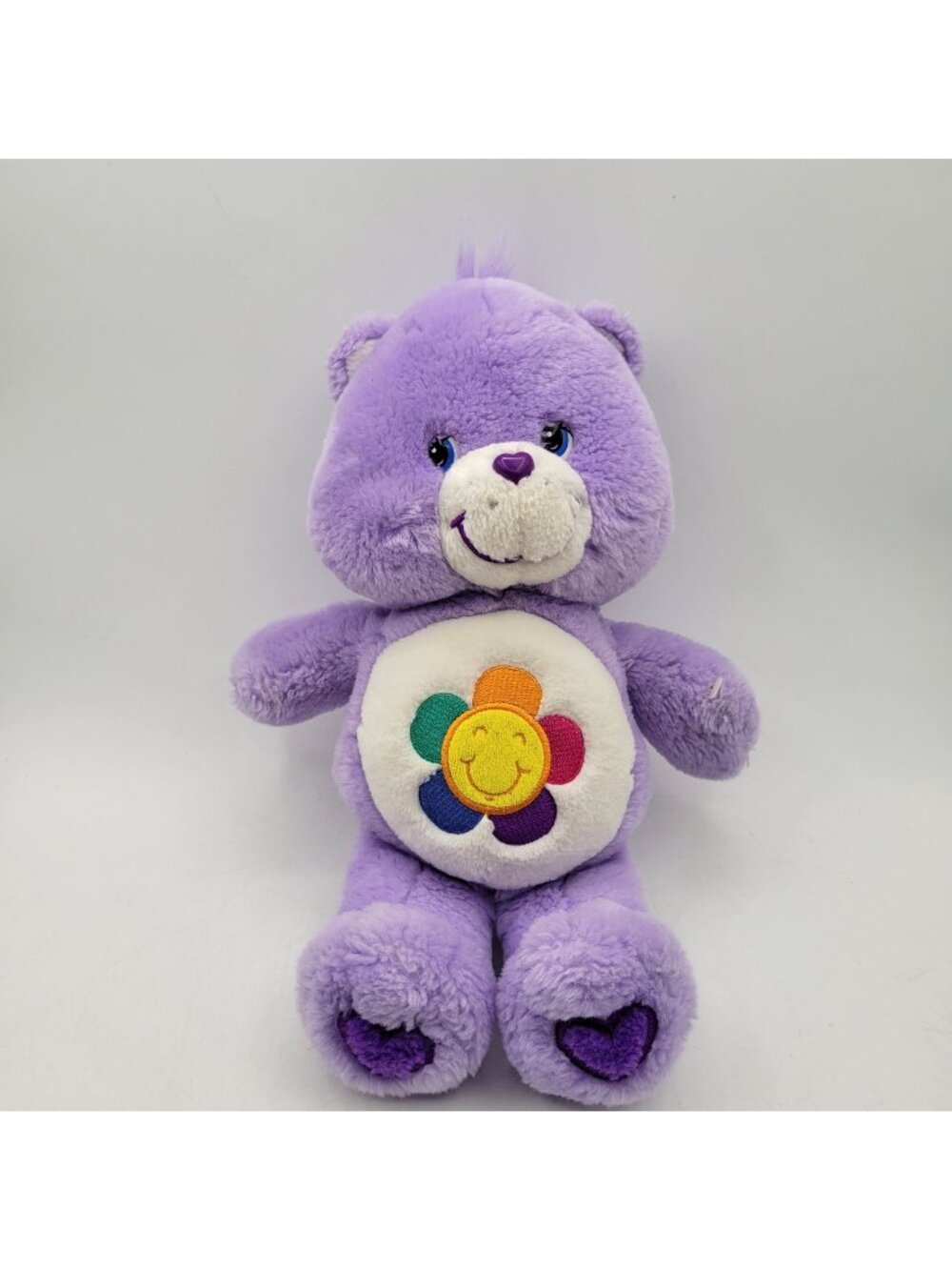 Vintage 2003 Care Bears HARMONY BEAR 13" Plush Purple with Rainbow Sunflower